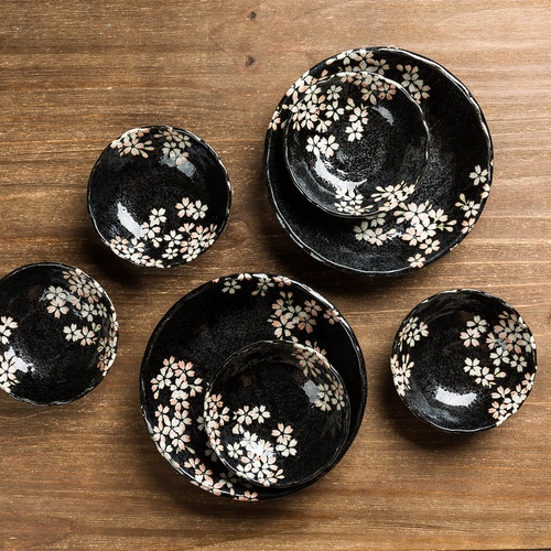日本AITO宇野千代美浓烧陶瓷静樱碗碟7件套装黑色